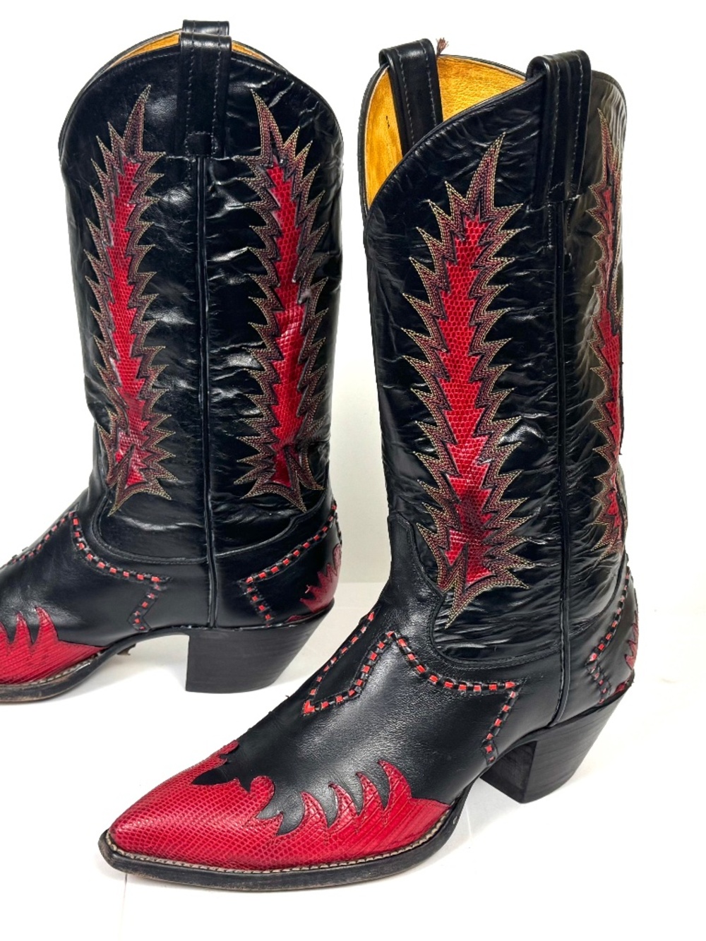 Tony Lama Classic Firewalker Black Cowboy Boots - Mens 8D Red Lizard Inlaid - Picture 6 of 12